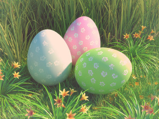 easter eggs and daisies in the grass