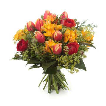 Bouquet made of Tulips, Ranunculus and Freesia flowers isolated