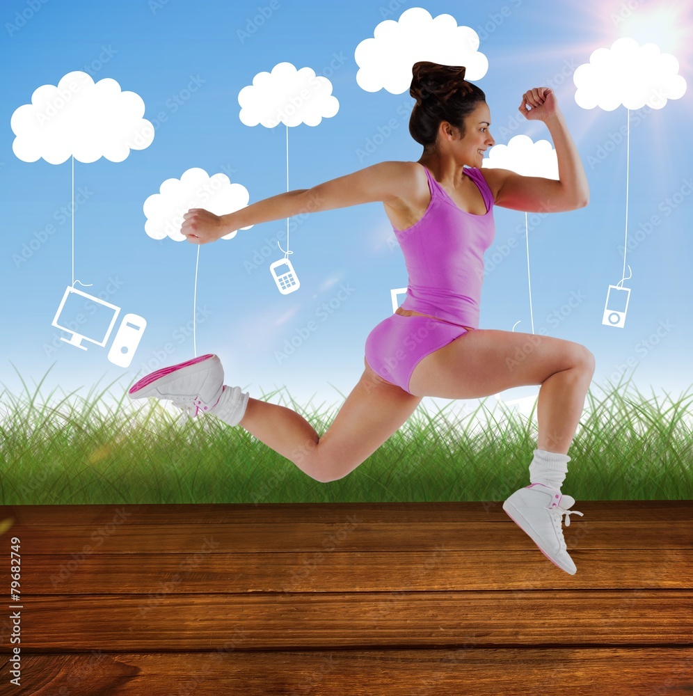 Aufkleber composite image of fit brunette running and jumping