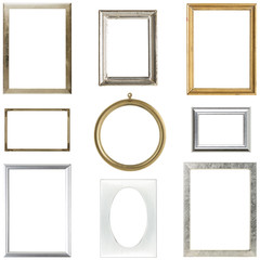 collection of old metallic picture frames, isolated on white