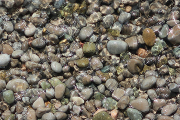 Sea pebbles in water. Ripples on the surface of water and solar patches of light.