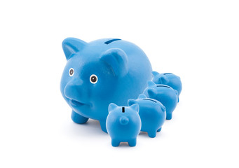 Blue piggy banks feeding from their mother