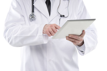 Close up male medical doctor using digital tablet pc. Isolated o