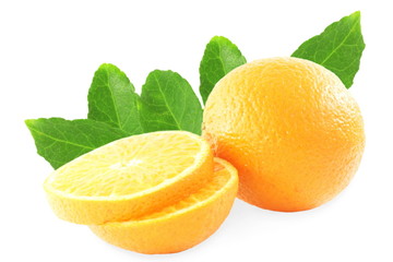 tangerine fruit with leaf in pure white background
