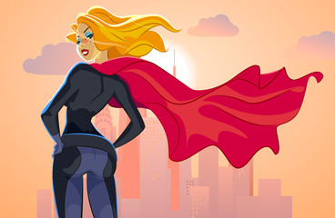 Super hero woman looks at an evening city landscape