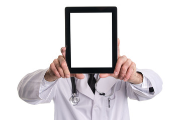 Medical doctor showing digital tablet pc with blank screen.