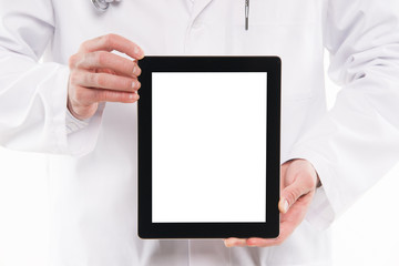 Medical doctor showing digital tablet pc with blank screen.