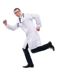 Smiling medical doctor running to his patients. Isolated over wh
