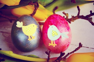 Osterkarte - Ostereier mit Kükenmotiv - Grußkarte Ostern