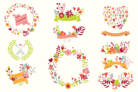 Hand drawn vintage flowers and floral elements for holidays