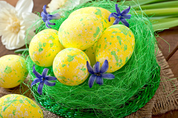 Easter eggs and flowers on wooden background