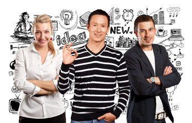 Obraz premium Teamwork and Asian Man In Striped Pullover