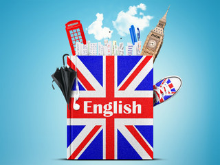 English language textbook with the British flag and umbrella