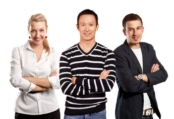 Teamwork and Asian Man In Striped Pullover