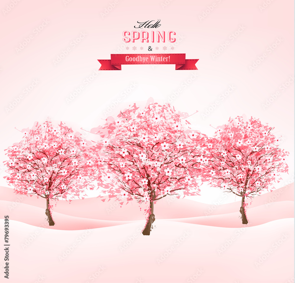 Aufkleber Spring background with blossoming sakura trees. Vector.