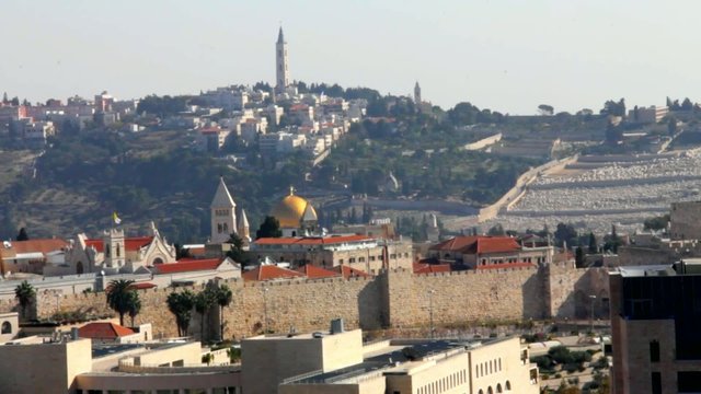 Mount of Olives, Temple Mount and  old city Walls. Jerusalem.