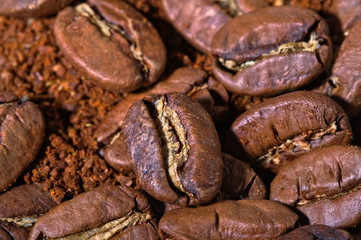 Große Kaffeebohnen auf Kaffeepulver