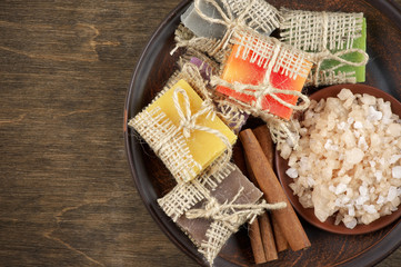Assorted natural soaps and bath salt