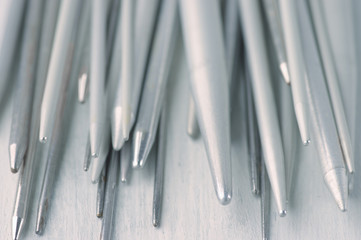 Set of knitting needles close-up