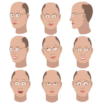 Set of variation of emotions of the same bald guy with glasses