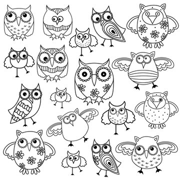 Eighty funny owls black outlines