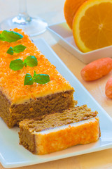 Carrot cake with orange and mint, selective focus