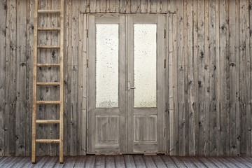 door with frosty window of plank house