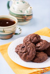 Homemade chocolate cookies on white plate