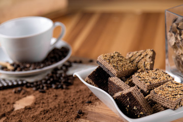 Organic coffee on wooden table, home concept