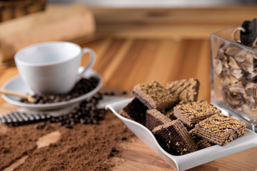 Organic coffee on wooden table, home concept