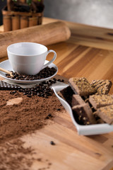 Organic coffee on wooden table, home concept