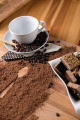 Organic coffee on wooden table, home concept