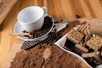 Organic coffee on wooden table, home concept