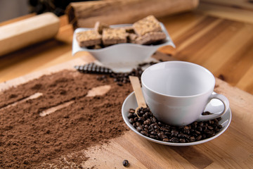 Organic coffee on wooden table, home concept