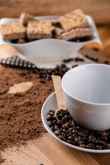 Organic coffee on wooden table, home concept