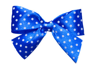 blue bow with white polka dots made from silk