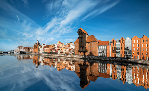 Fototapeta Panorama Głównego Miasta Gdańska, nad Motławą ścienna
