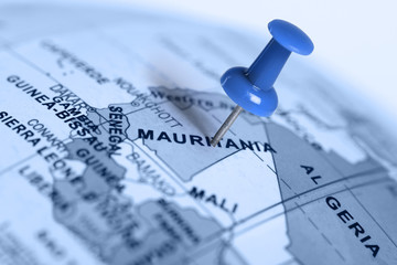 Naklejka premium Location Mauritania. Blue pin on the map.