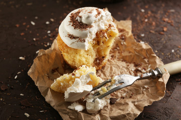Delicious cupcakes on table close-up