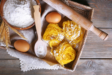 Still life of preparing pasta on rustic wooden background