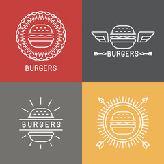 Vector burger logo design elements in linear style