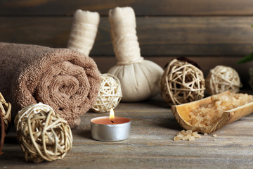 Beautiful spa composition with sea salt and massage bags