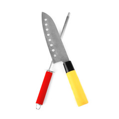 Knife with sharpener isolated on white