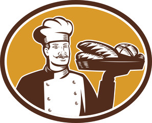 Baker Serving Bread Loaf Woodcut