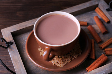 Cup of cocoa with sugar and cinnamon on wooden tray, closeup