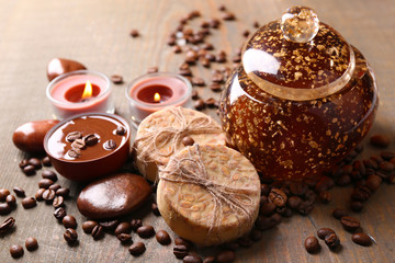 Composition of spa treatment, flowers and coffee beans