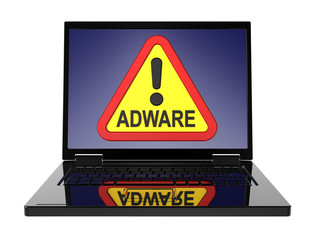 Adware warning sign on laptop screen. 