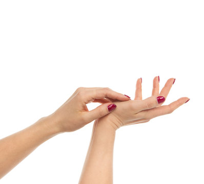 Woman Hands With Manicured Red Nails Isolated