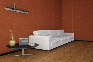 Side view of an interior rendering of a living room with texture