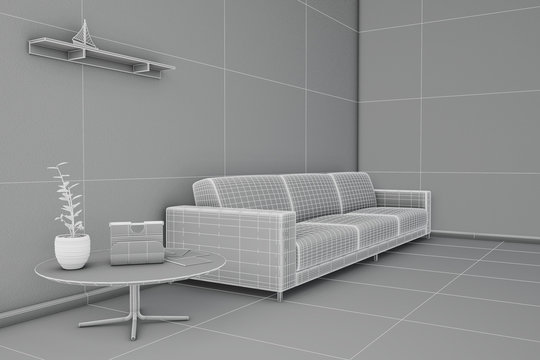 Side view of an interior rendering of a living room in wireframe